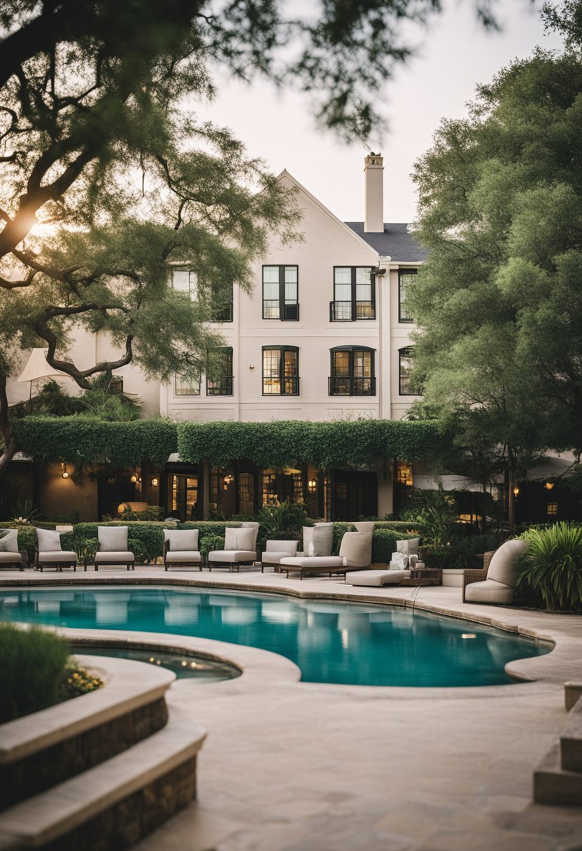 A serene spa hotel with lush gardens and a sparkling pool nestled in the heart of Waco, Texas