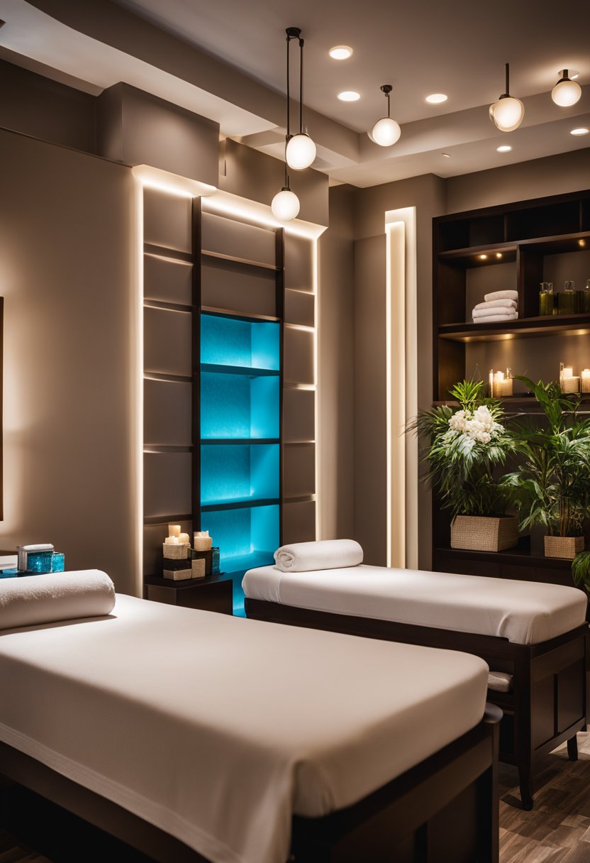 A serene spa room at Hotel Indigo Waco - Baylor, featuring plush massage tables, soft lighting, and calming decor