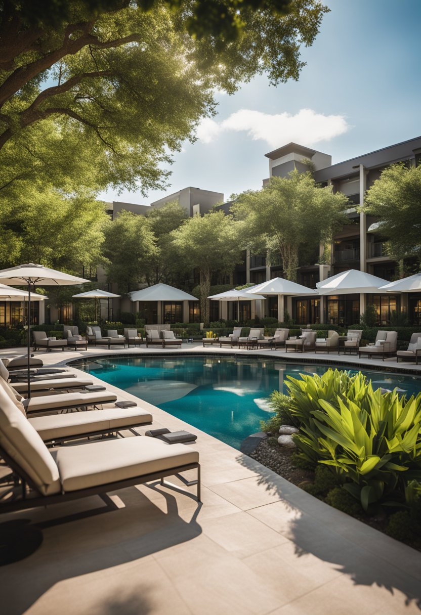 The Hilton Waco luxury spa hotel features a serene pool area surrounded by lush greenery and elegant lounge chairs