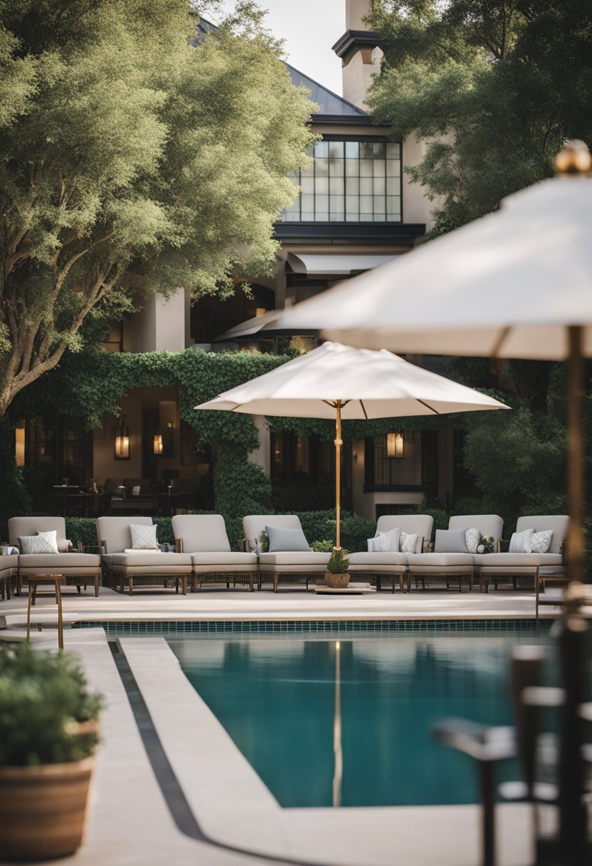 The Hotel 1928 luxury spa hotel in Waco features a serene outdoor pool surrounded by lush greenery and elegant lounge chairs