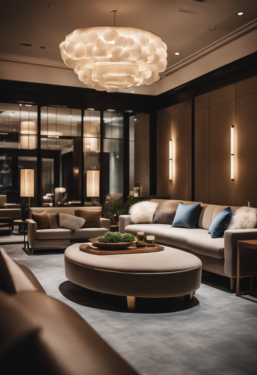 A cozy hotel lobby with a modern spa area, featuring plush seating and serene lighting