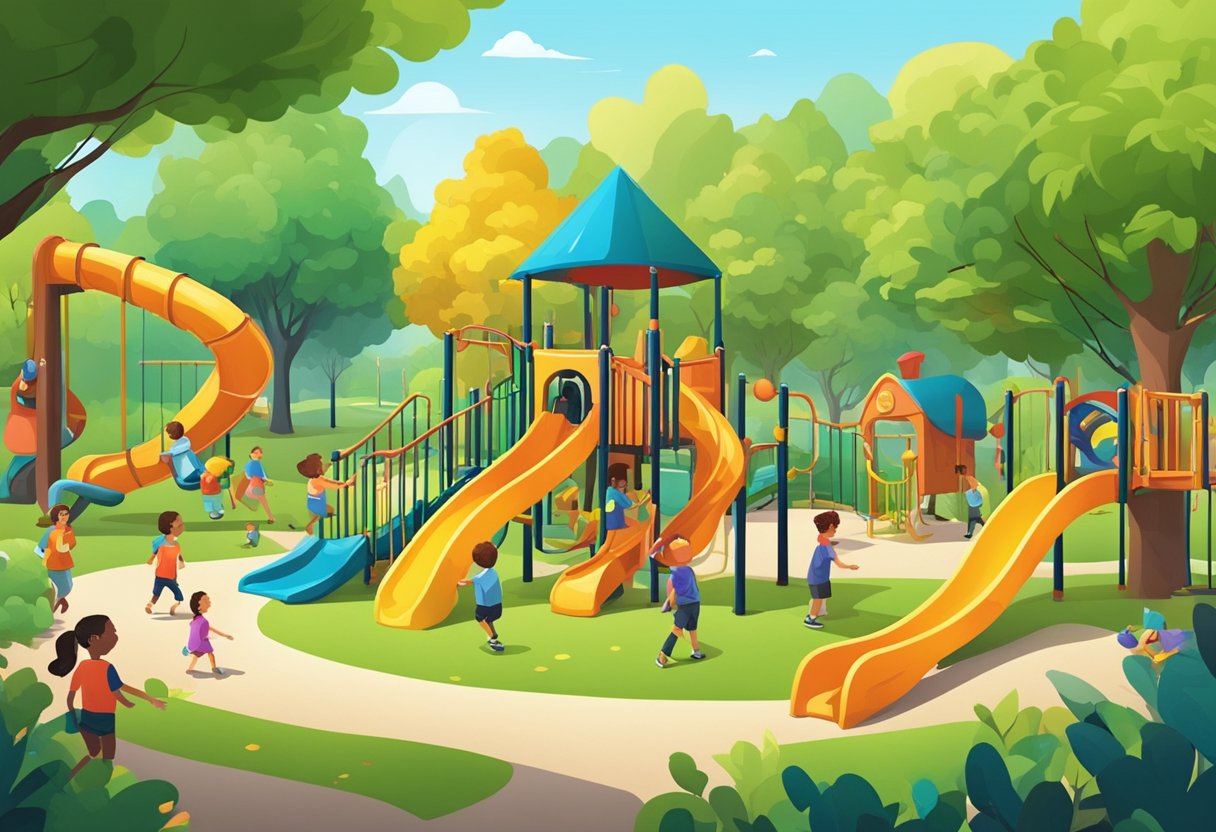 A lively playground filled with colorful slides, swings, and climbing structures, surrounded by green trees and happy children playing