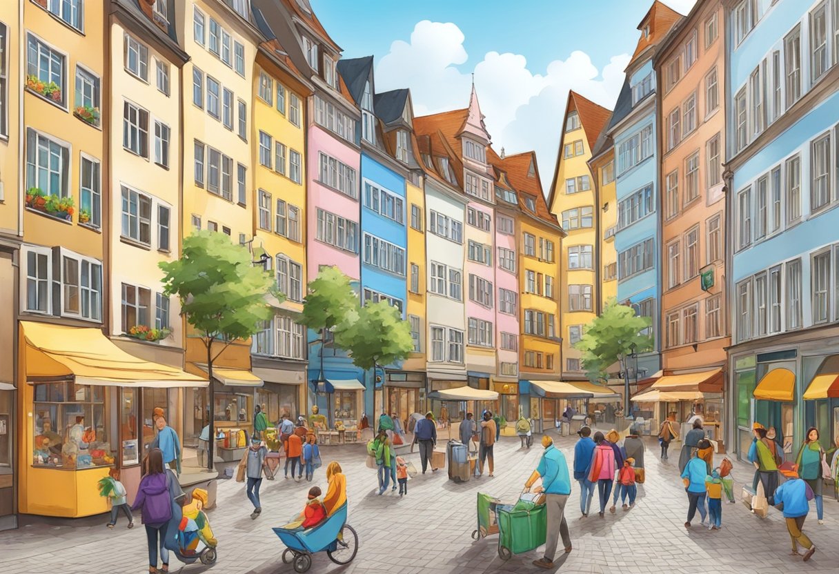 A bustling street in Frankfurt lined with colorful buildings, bustling with families and toddlers enjoying the sights and sounds of the city