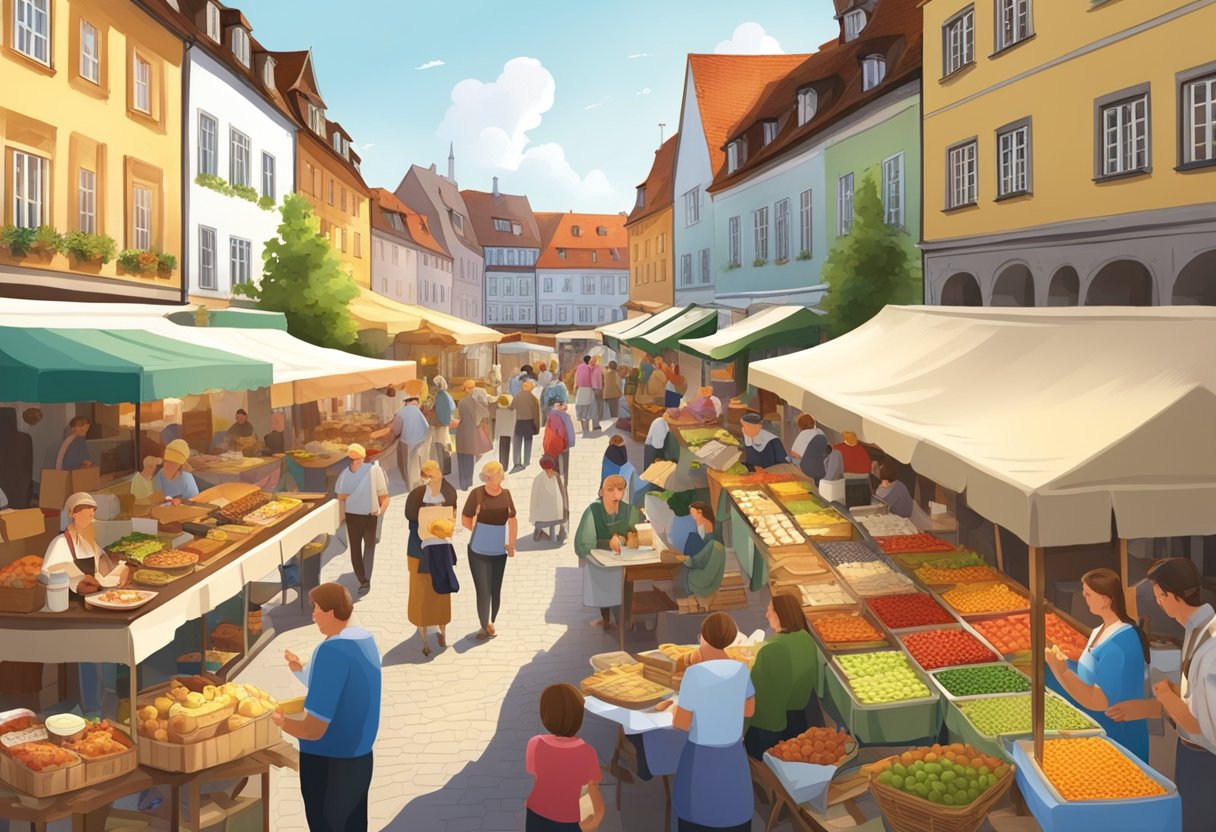 A bustling outdoor market with colorful stalls selling traditional German food and crafts, surrounded by families enjoying a meal at outdoor tables