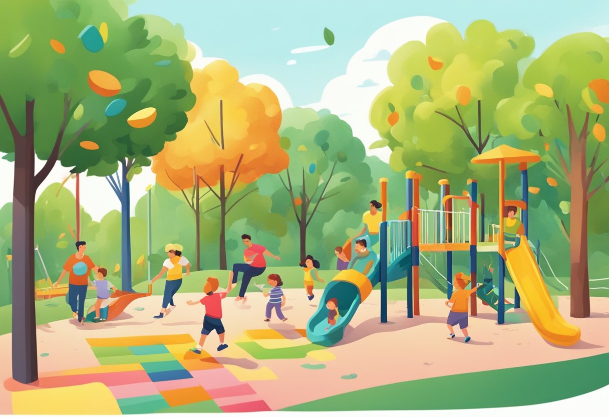 A playful scene at a colorful playground with toddlers climbing, sliding, and laughing, surrounded by green trees and cheerful parents watching nearby