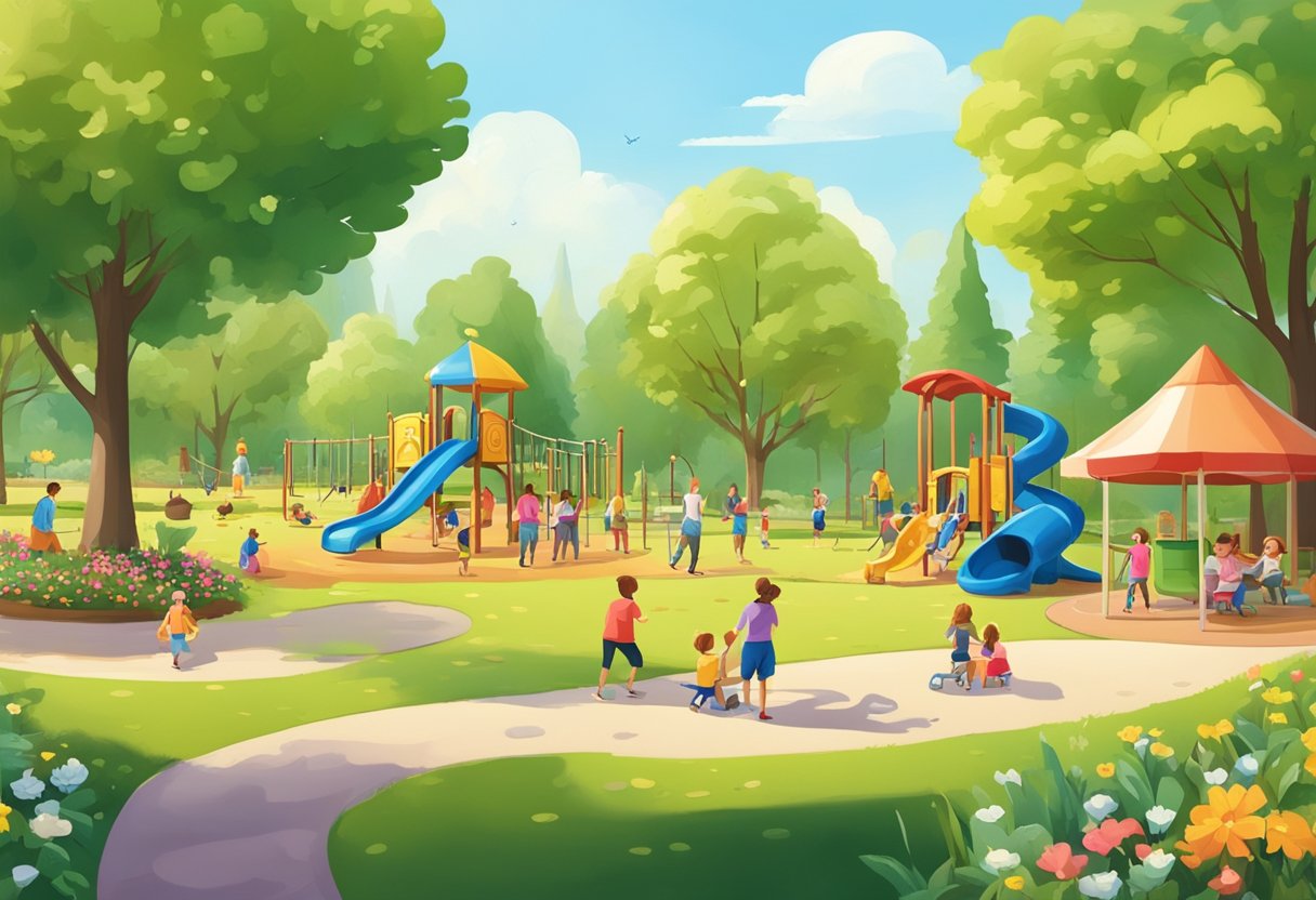 A sunny park with a colorful playground, families enjoying picnics, and toddlers playing on swings and slides surrounded by green trees and flowers