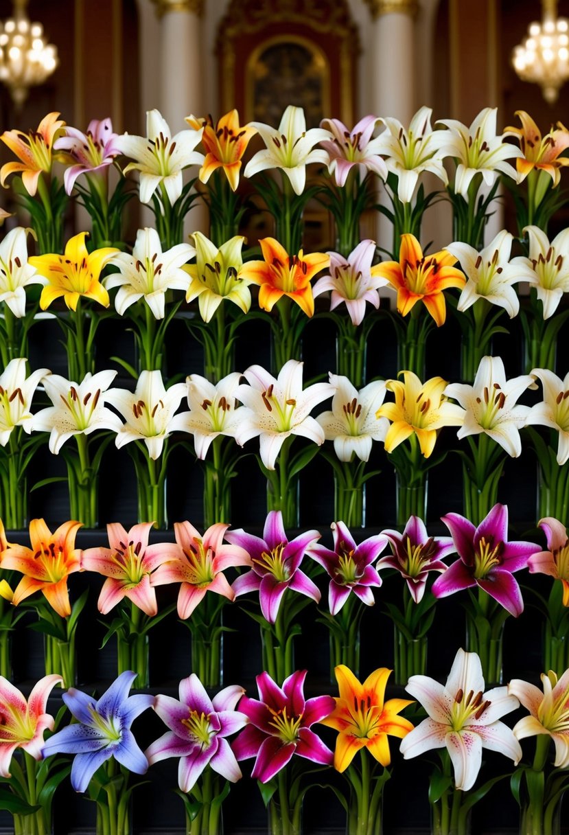 A grand display of 30 different types of lilies in various colors and sizes, arranged in a regal and elegant manner