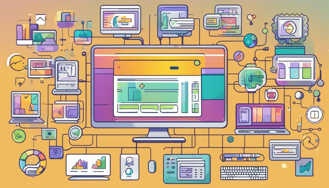 En dataskjerm som viser Yoast-plugin-grensesnittet med forskjellige faner og innstillinger åpne, omgitt av ikoner som representerer ulike integrasjoner og utvidelser