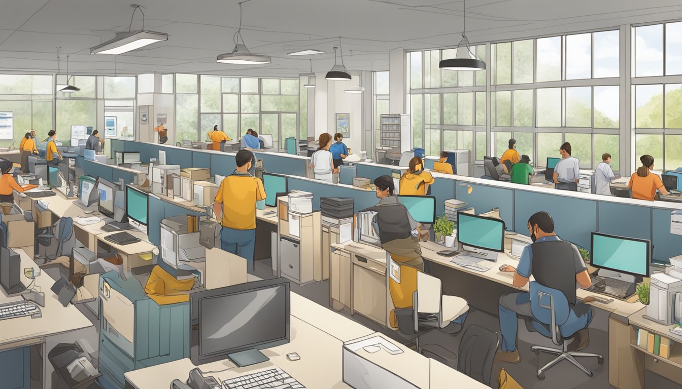 Et travelt hjelpesenter i Filipstader, med folk som søker hjelp og ansatte som arbeider flittig