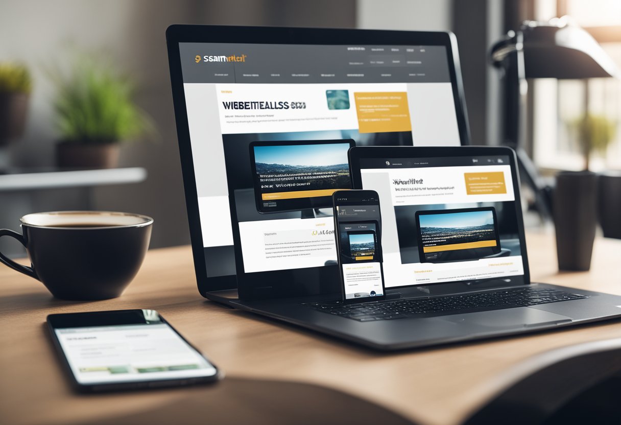 A laptop, tablet, and smartphone displaying a website on a desk, with the website seamlessly adjusting to fit each screen size