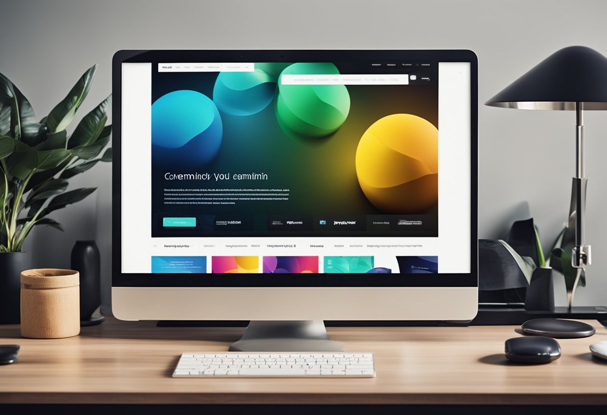 A computer screen displaying a sleek and modern ecommerce website design, with clean lines and vibrant colors