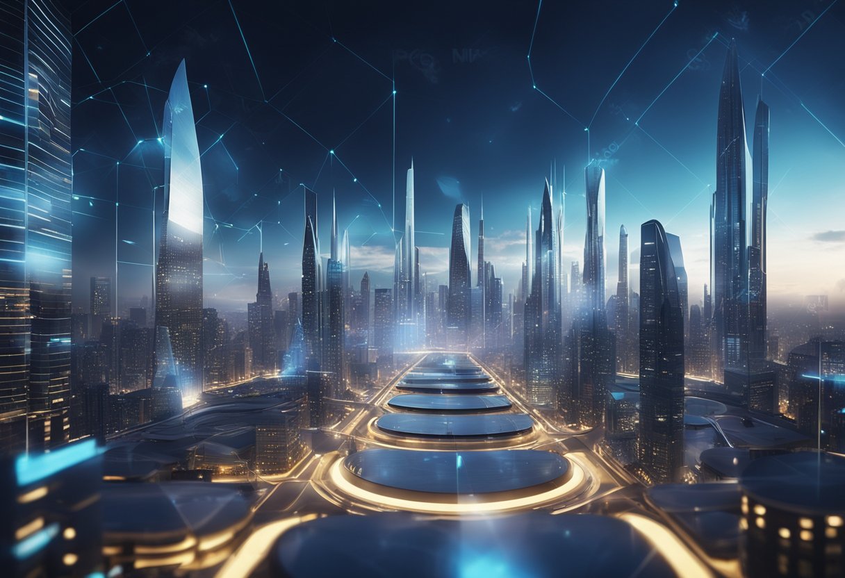 A futuristic city skyline with holographic interfaces and sleek, modern architecture. Advanced technology and connectivity are evident in the design