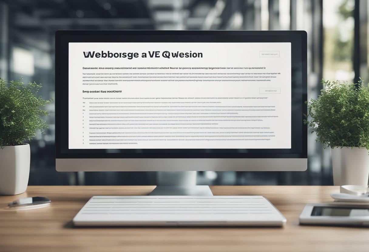 A computer screen displaying a webpage with a list of questions and answers, surrounded by a clean and modern web design layout