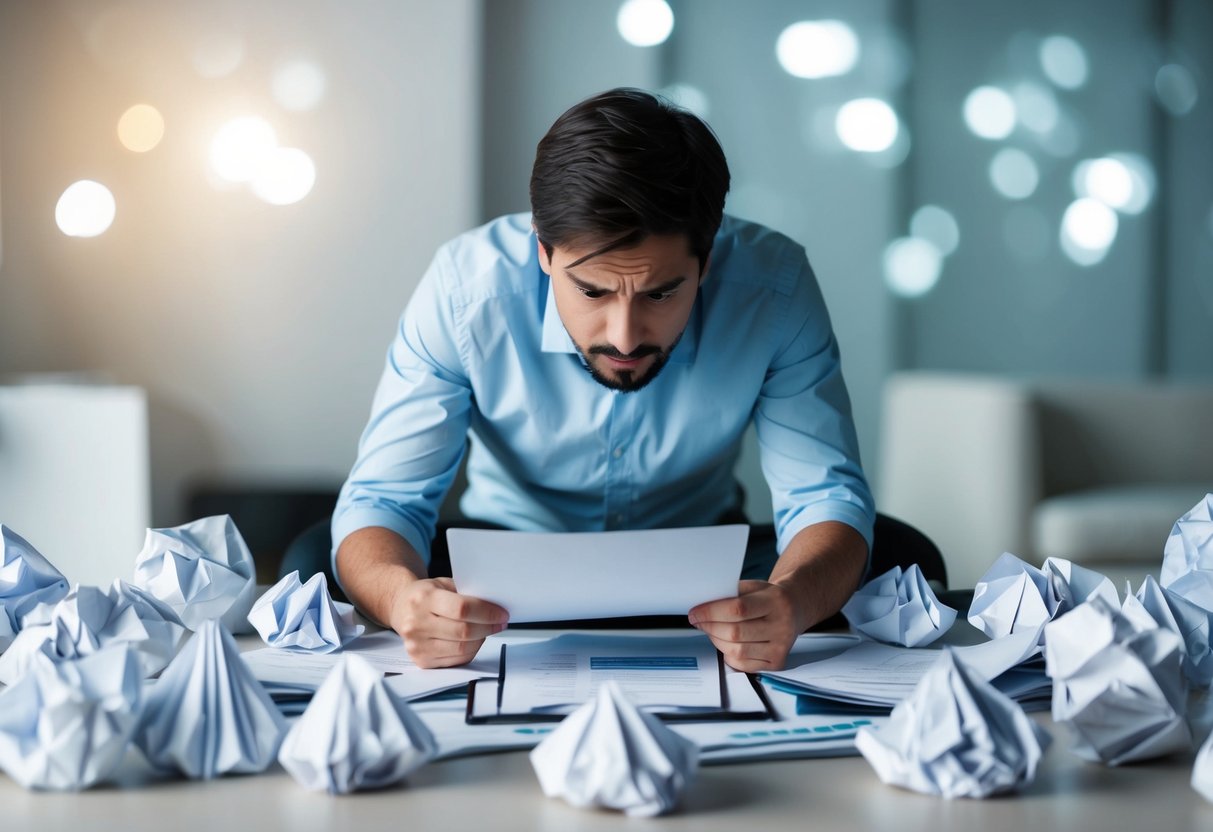 Une personne entourée de papiers froissés, ayant l'air frustrée en essayant d'organiser un rapport technique.