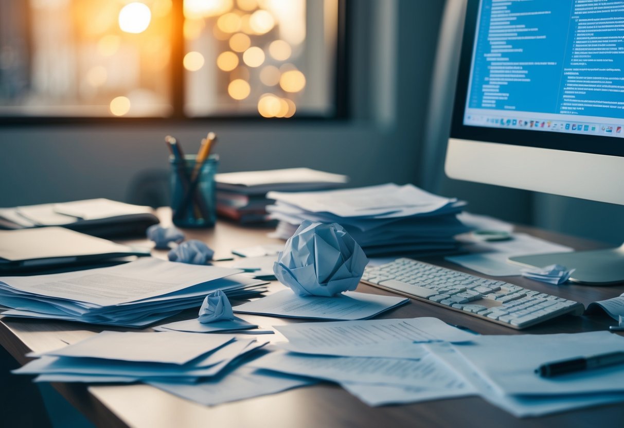 Un bureau en désordre avec des papiers éparpillés, un brouillon froissé et un écran d'ordinateur désorganisé, symbolisant les erreurs stratégiques courantes à éviter dans l'écriture technique.