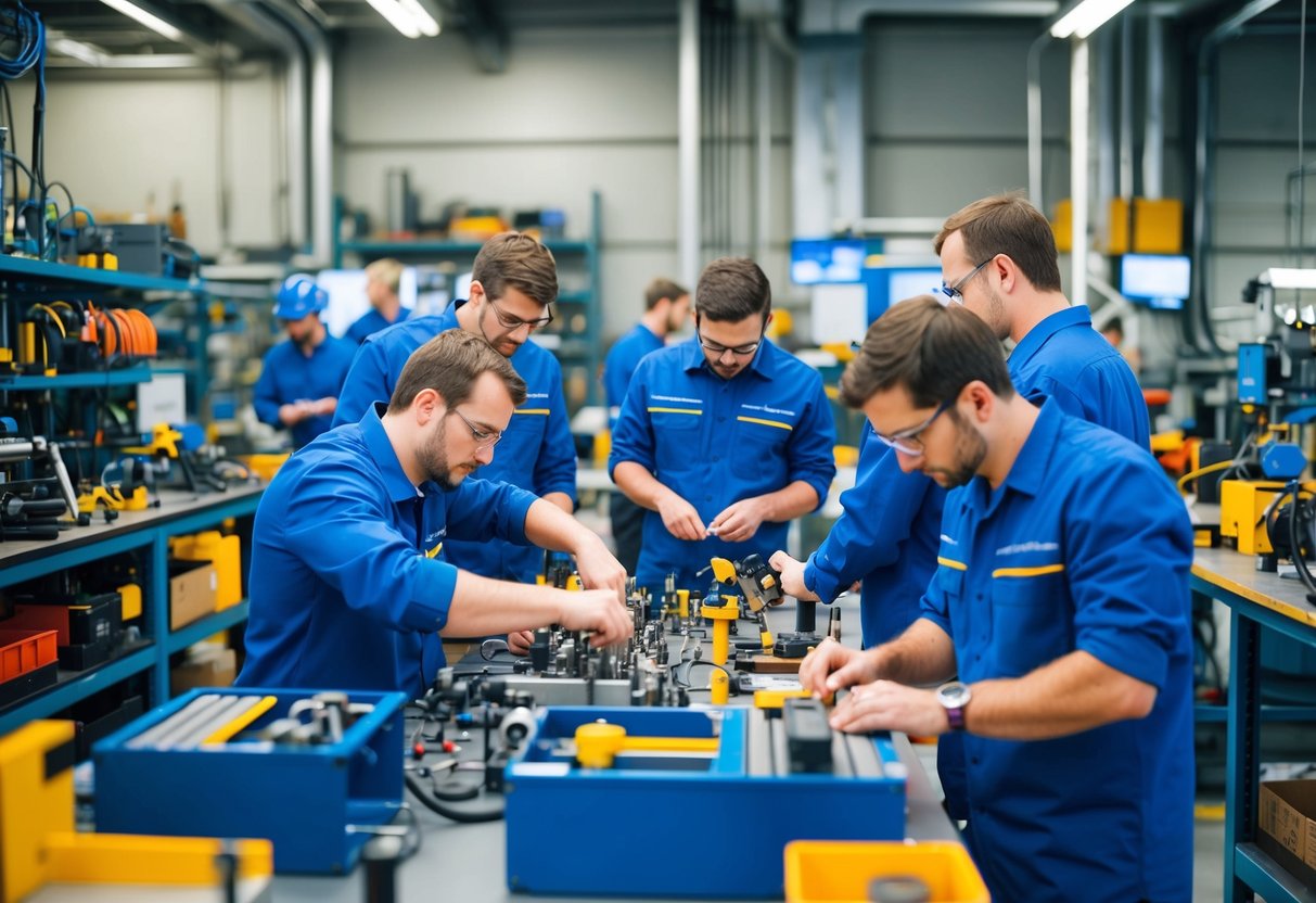 Un atelier animé avec une variété d'outils et de machines avancés, alors que des ingénieurs travaillent ensemble pour développer une technologie de pointe pour leur rapport technique.