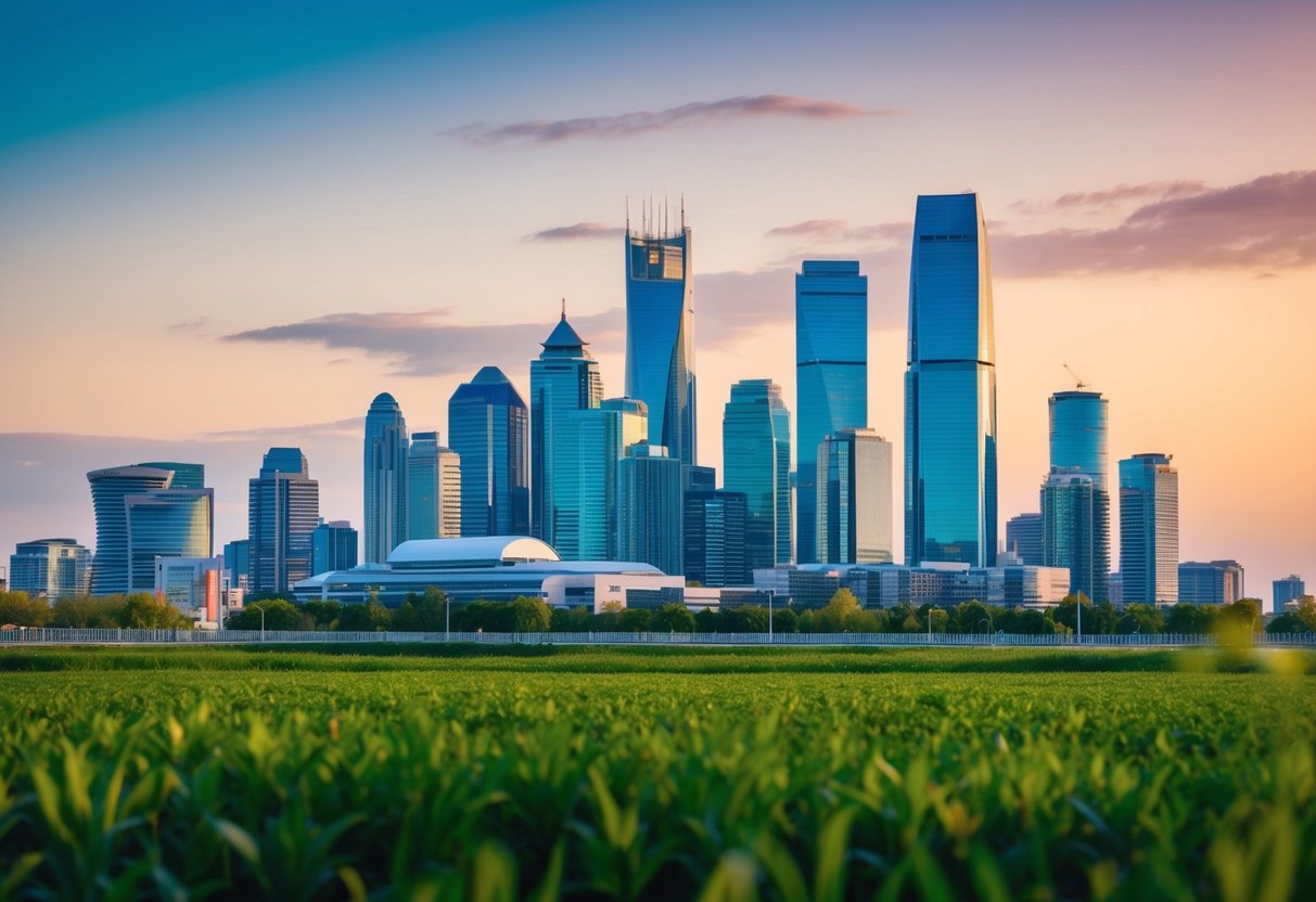 Une skyline urbaine moderne et dynamique avec des bâtiments durables et des espaces verts, mettant en avant un engagement envers la responsabilité sociale des entreprises et l'innovation.