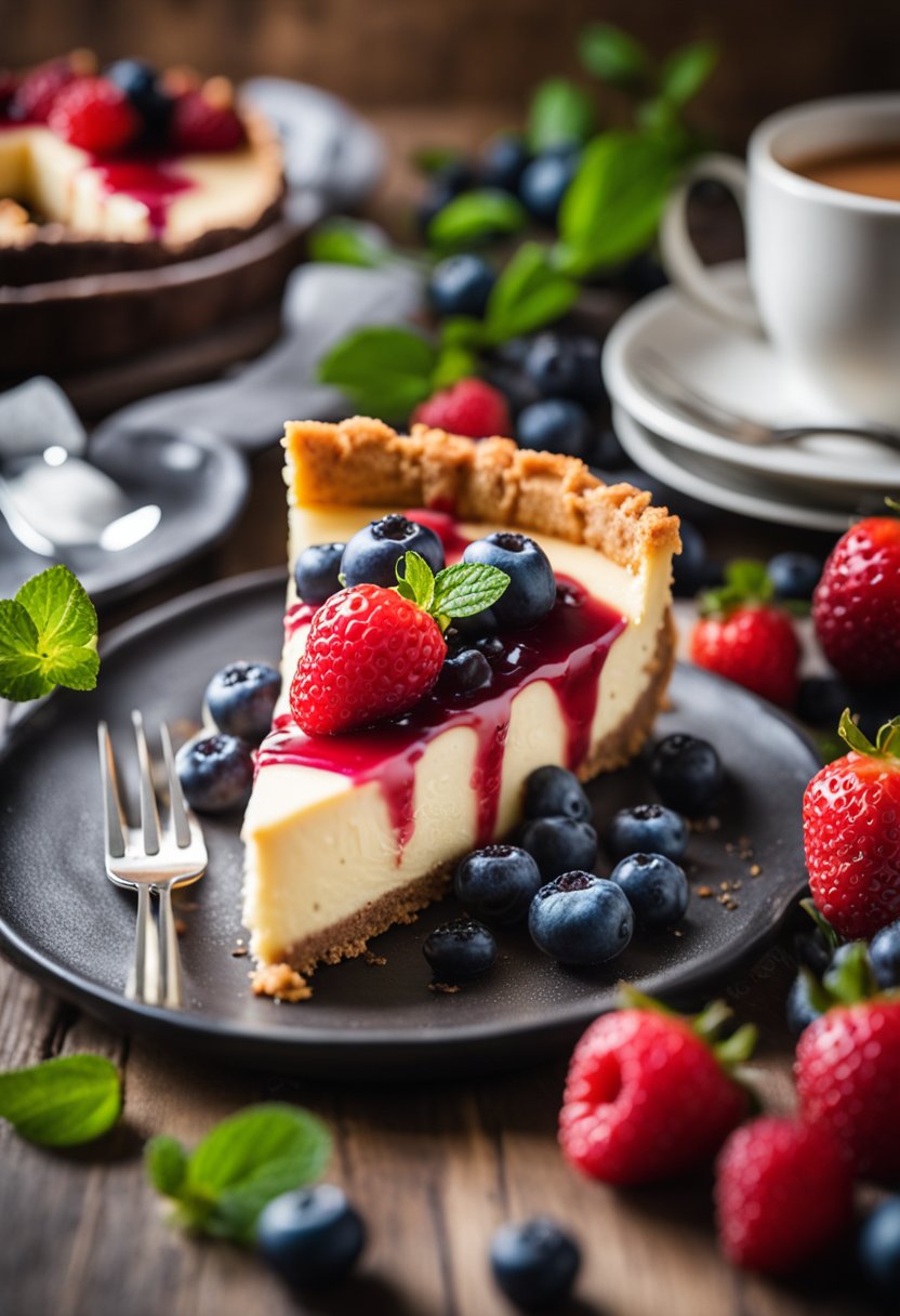 A decadent keto cheesecake topped with fresh berries on a rustic wooden table