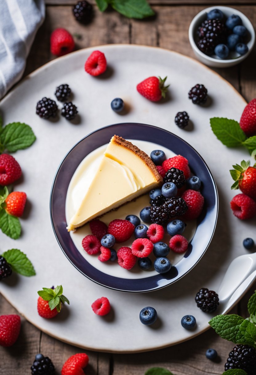 A keto cheesecake surrounded by fresh berries and a dollop of whipped cream on a rustic wooden table