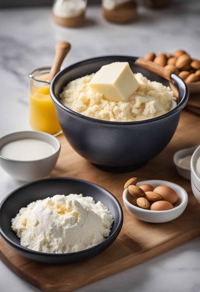 A marble countertop holds a mixing bowl filled with almond flour, cream cheese, and eggs. A stick of butter sits beside a measuring cup of erythritol, while a springform pan waits nearby