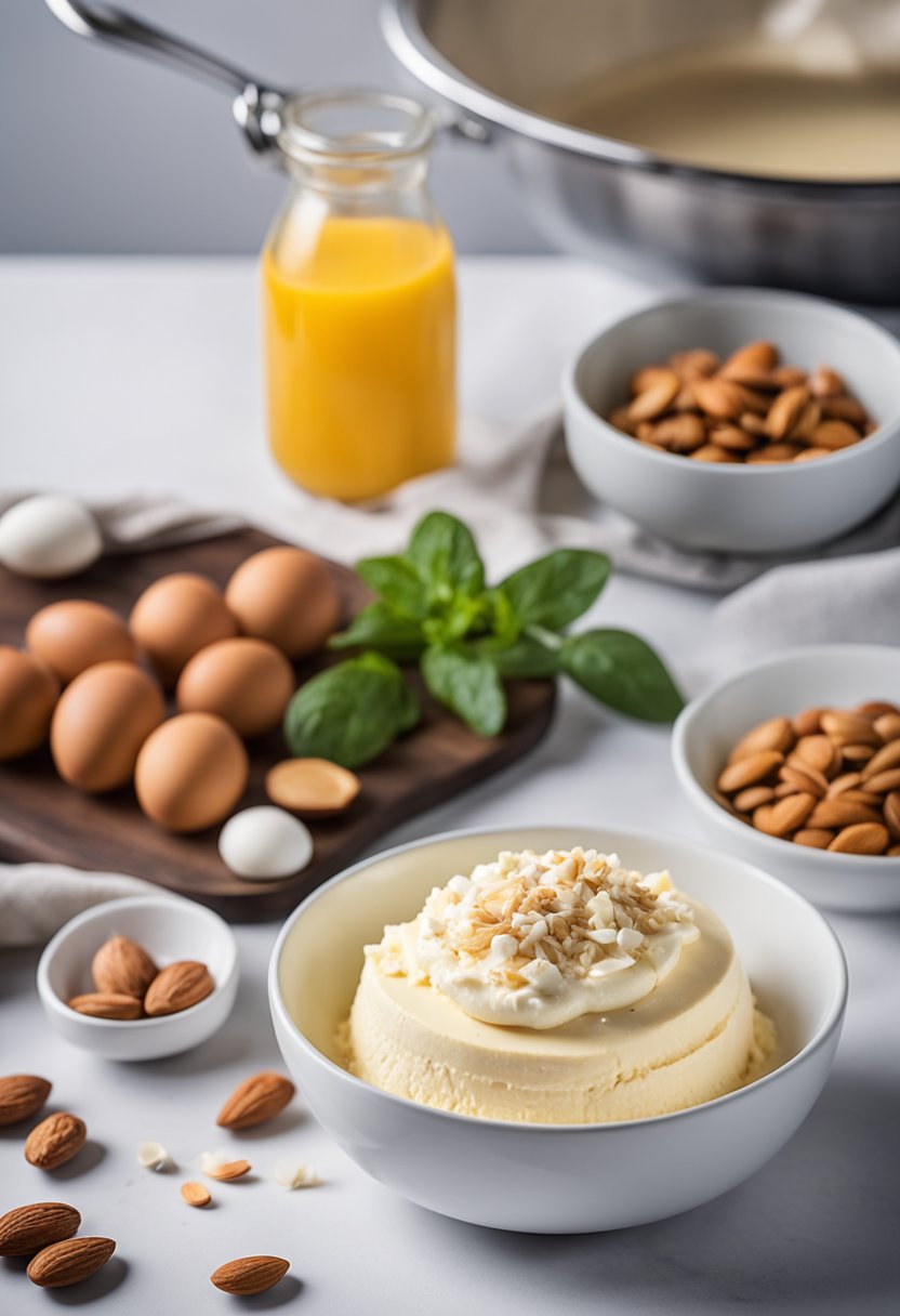 A kitchen counter with ingredients and utensils for making a keto cheesecake, including almond flour, cream cheese, eggs, and a mixing bowl