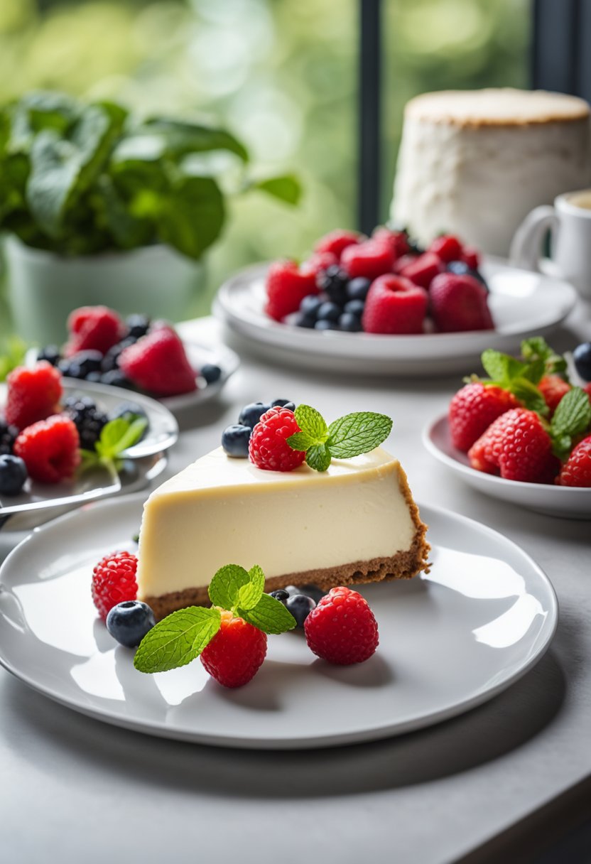 A table set with a keto cheesecake on a white platter, surrounded by fresh berries and mint leaves, with a cake server and dessert plates nearby