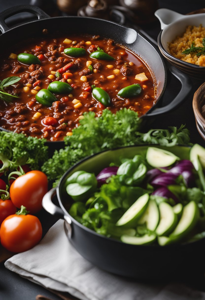 A steaming pot of keto chili simmering on a stovetop, surrounded by fresh vegetables and herbs