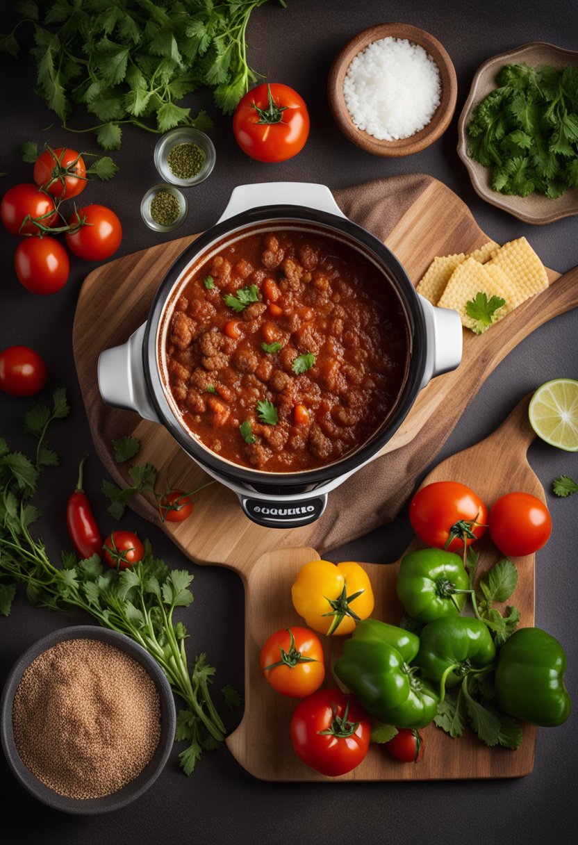 A pot of keto chili simmers on a stovetop, filled with ground beef, tomatoes, and low-carb vegetables. A bowl of chili powder and cumin sits nearby