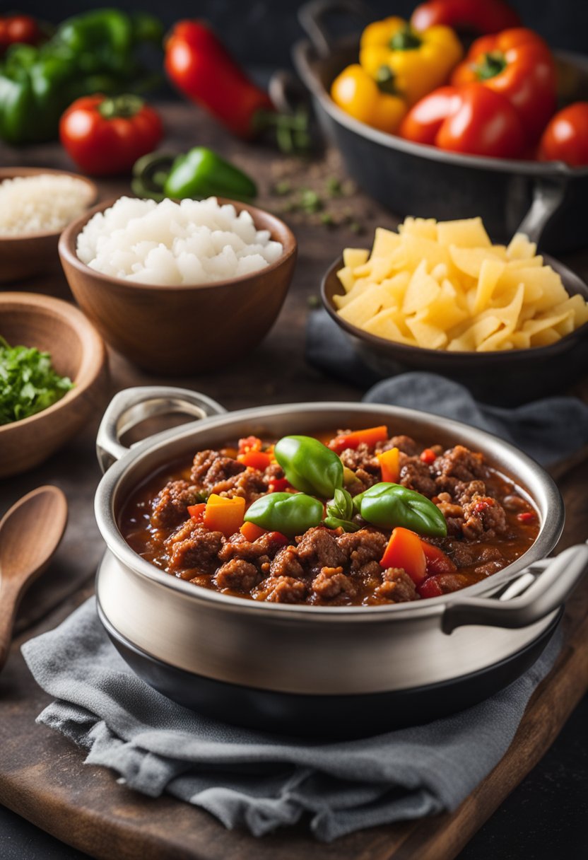 A pot simmering with ground beef, diced tomatoes, peppers, and spices for keto chili