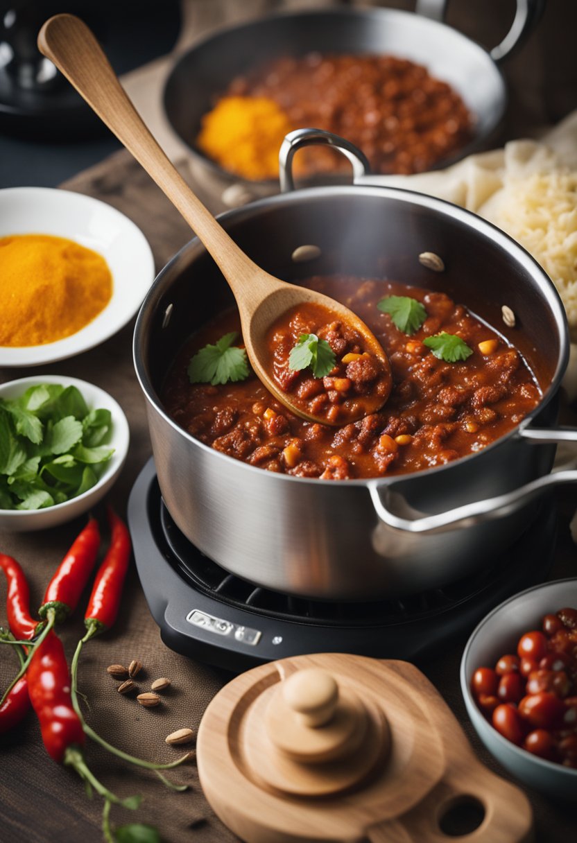 A pot of keto chili simmers on a stovetop. A wooden spoon stirs the mixture as various spices and ingredients sit nearby