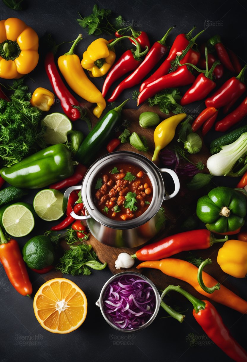 A steaming pot of keto chili simmers on the stove, surrounded by an array of colorful vegetables, herbs, and spices ready for customization