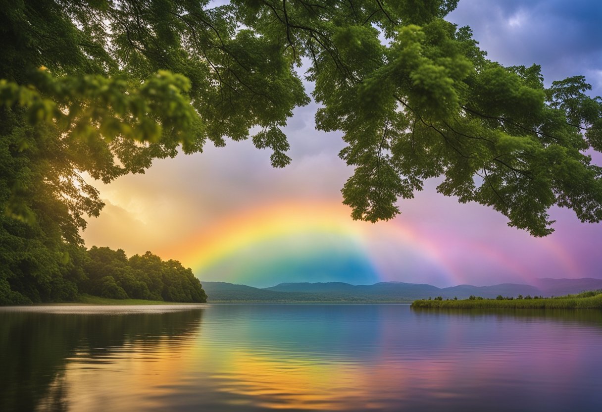 A serene landscape with a vibrant rainbow stretching across the sky, symbolizing the promises of God