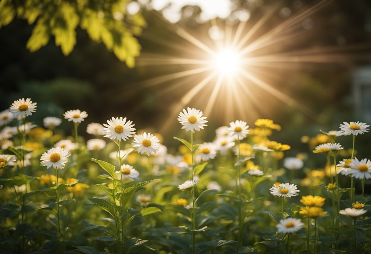 A radiant sunburst shining down on a tranquil garden, with blooming flowers, lush greenery, and a sense of peace and contentment