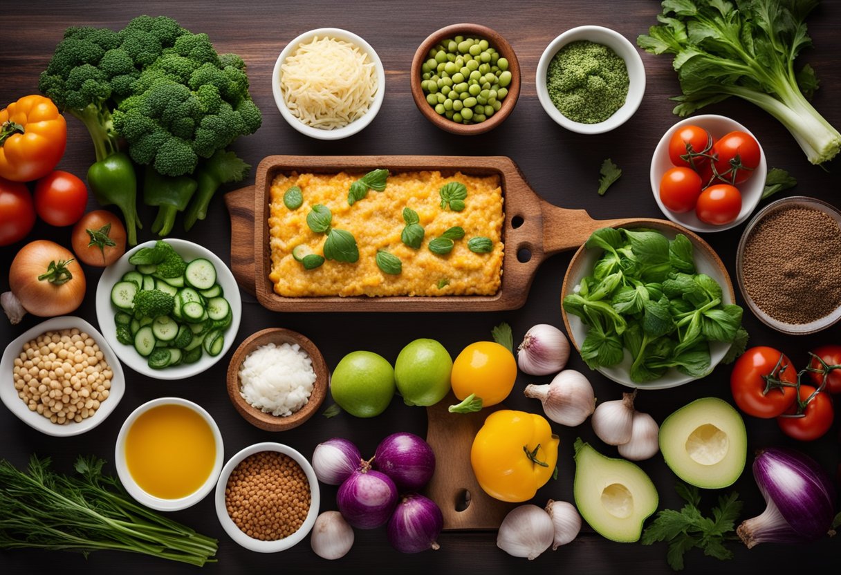 A colorful array of keto casserole ingredients arranged on a wooden cutting board, including fresh vegetables, herbs, and lean protein