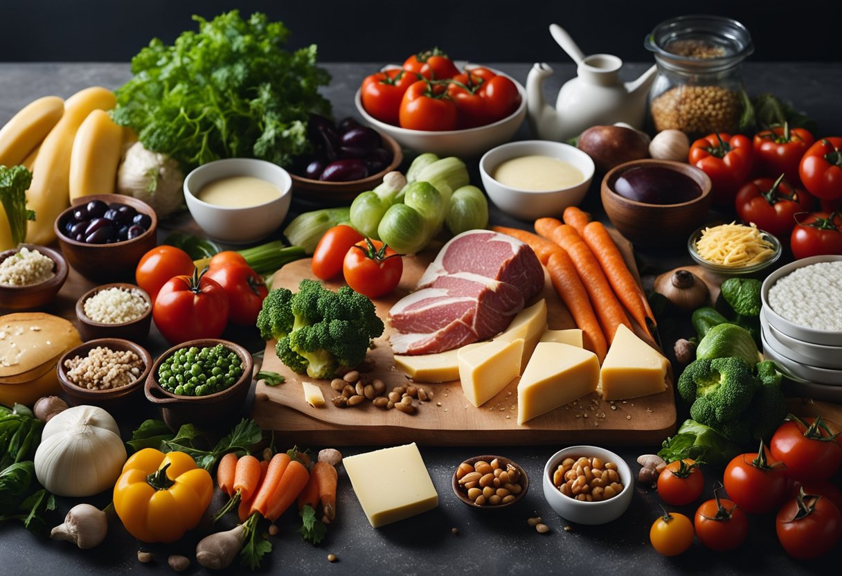 A colorful array of fresh vegetables, lean meats, and cheese arranged on a kitchen counter, surrounded by cookware and utensils