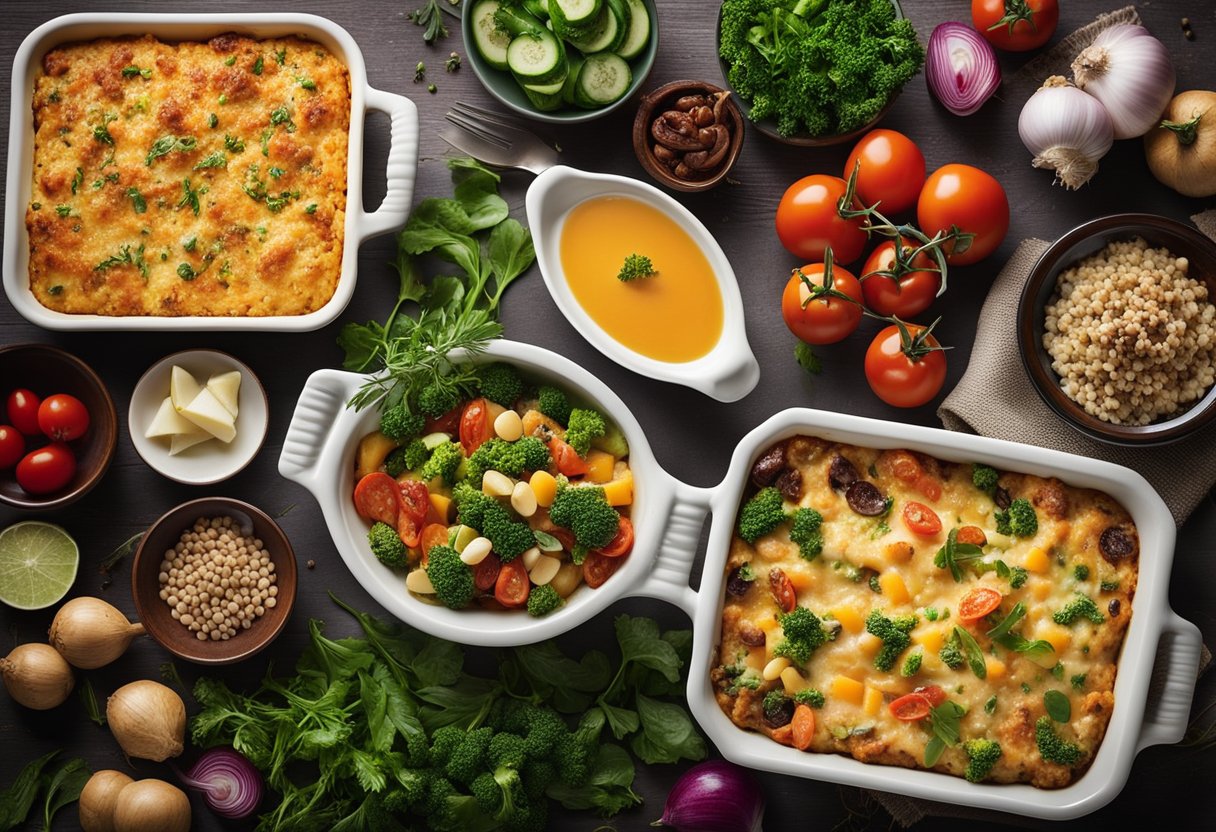 A table set with various keto casserole dishes, surrounded by colorful vegetables and herbs