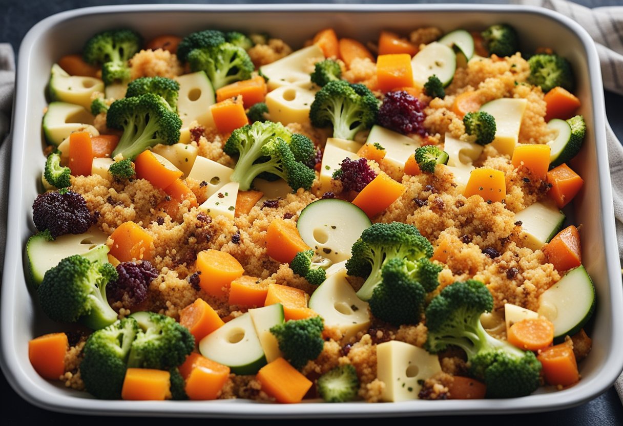 A variety of colorful vegetables arranged in a baking dish, topped with a layer of melted cheese and crispy breadcrumbs