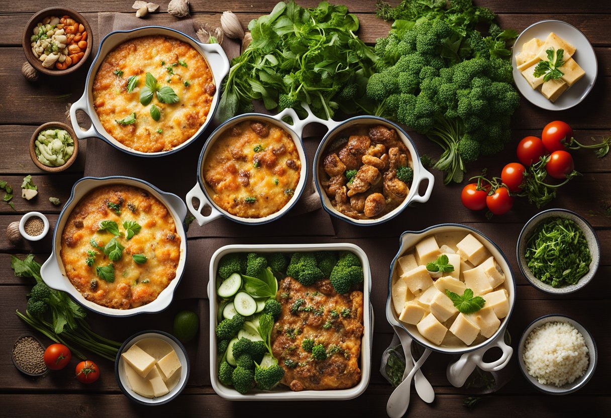 A variety of keto casserole dishes arranged on a rustic wooden table, surrounded by fresh herbs, vegetables, and assorted protein sources like chicken, beef, and tofu