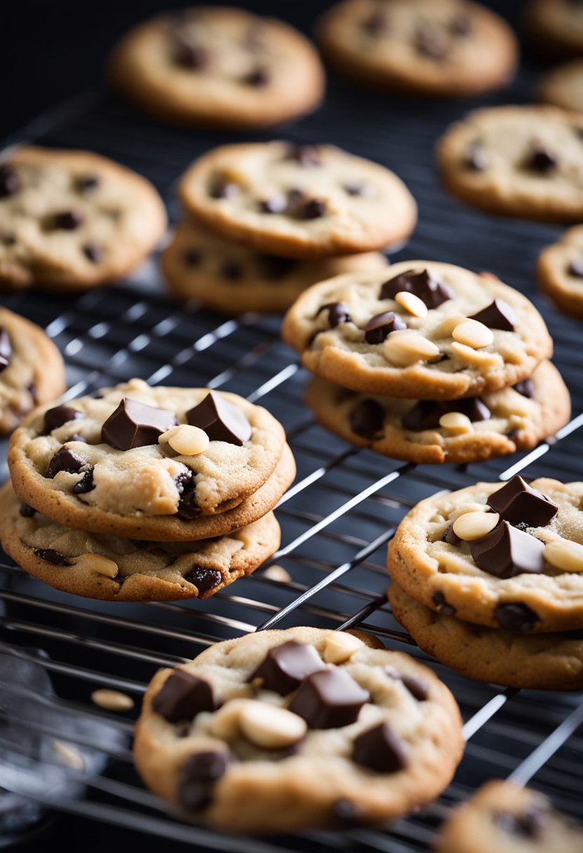 A batch of keto chocolate chip cookies cooling on a wire rack, surrounded by scattered chocolate chips and a dusting of almond flour