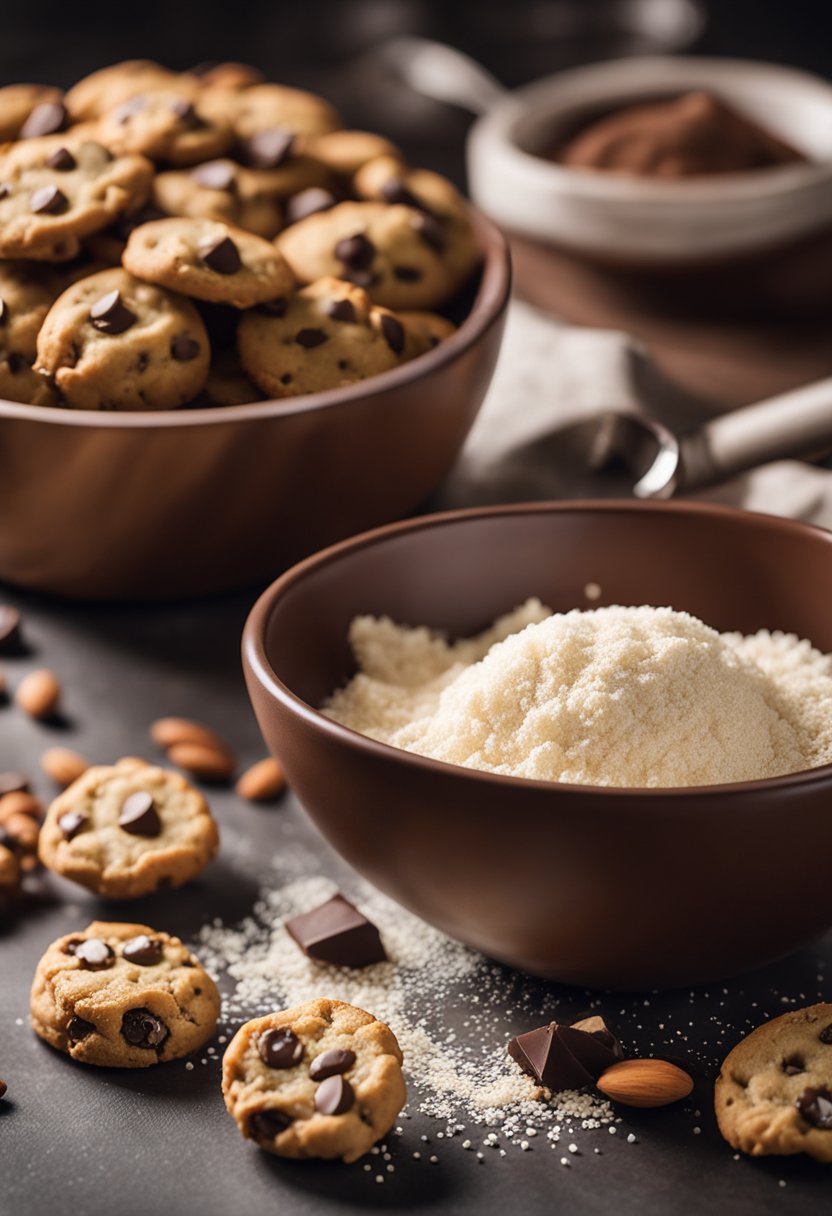 A kitchen counter with a mixing bowl, almond flour, erythritol, eggs, and sugar-free chocolate chips laid out for making keto chocolate chip cookies