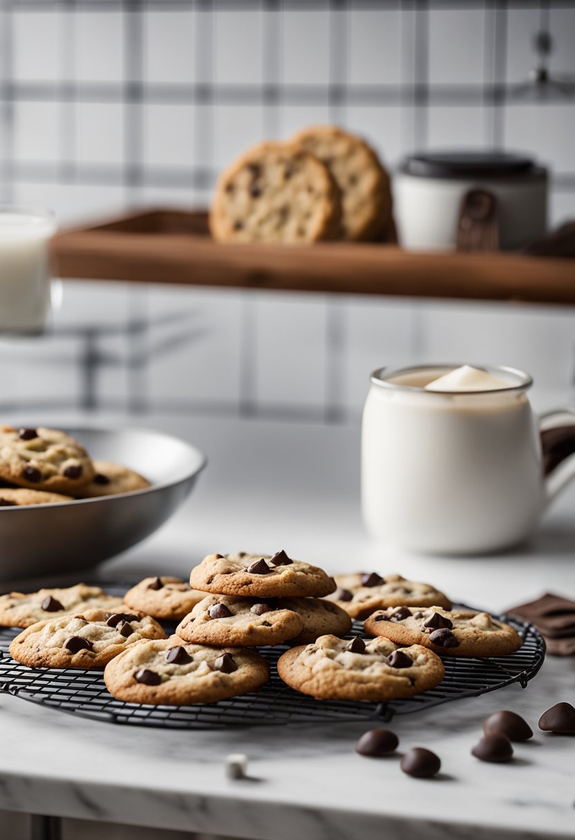 A kitchen counter with ingredients, mixing bowl, and a tray of freshly baked keto chocolate chip cookies cooling on a wire rack