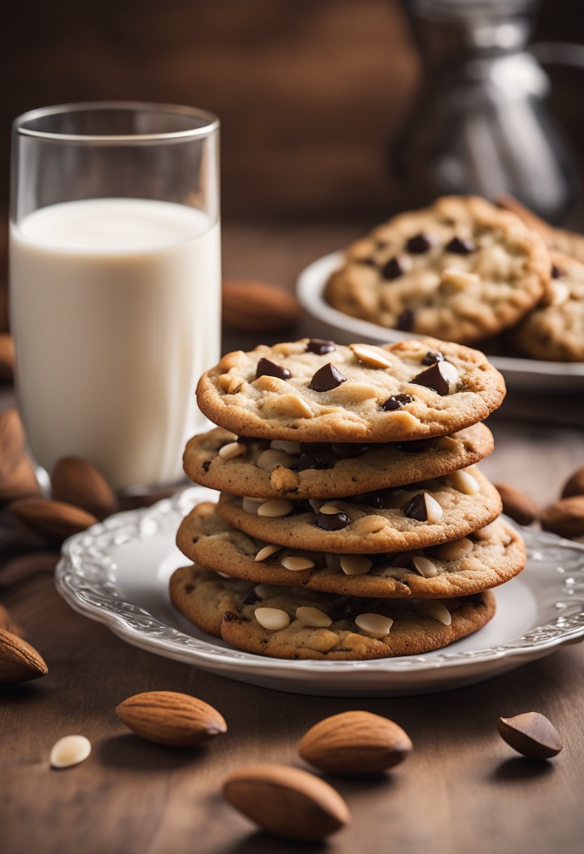 A plate of keto chocolate chip cookies surrounded by almonds and a glass of almond milk