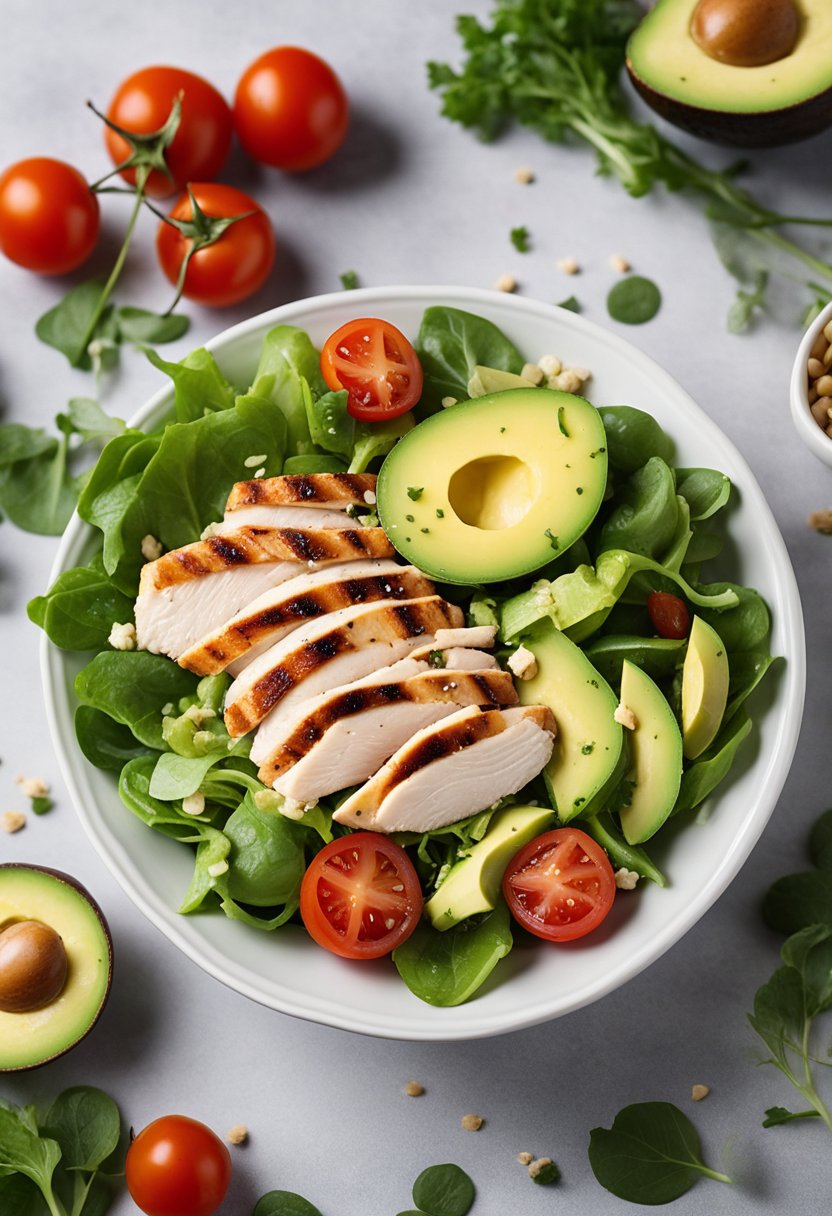 A bowl of keto chicken salad with mixed greens, cherry tomatoes, avocado, and grilled chicken slices, drizzled with olive oil and sprinkled with sesame seeds