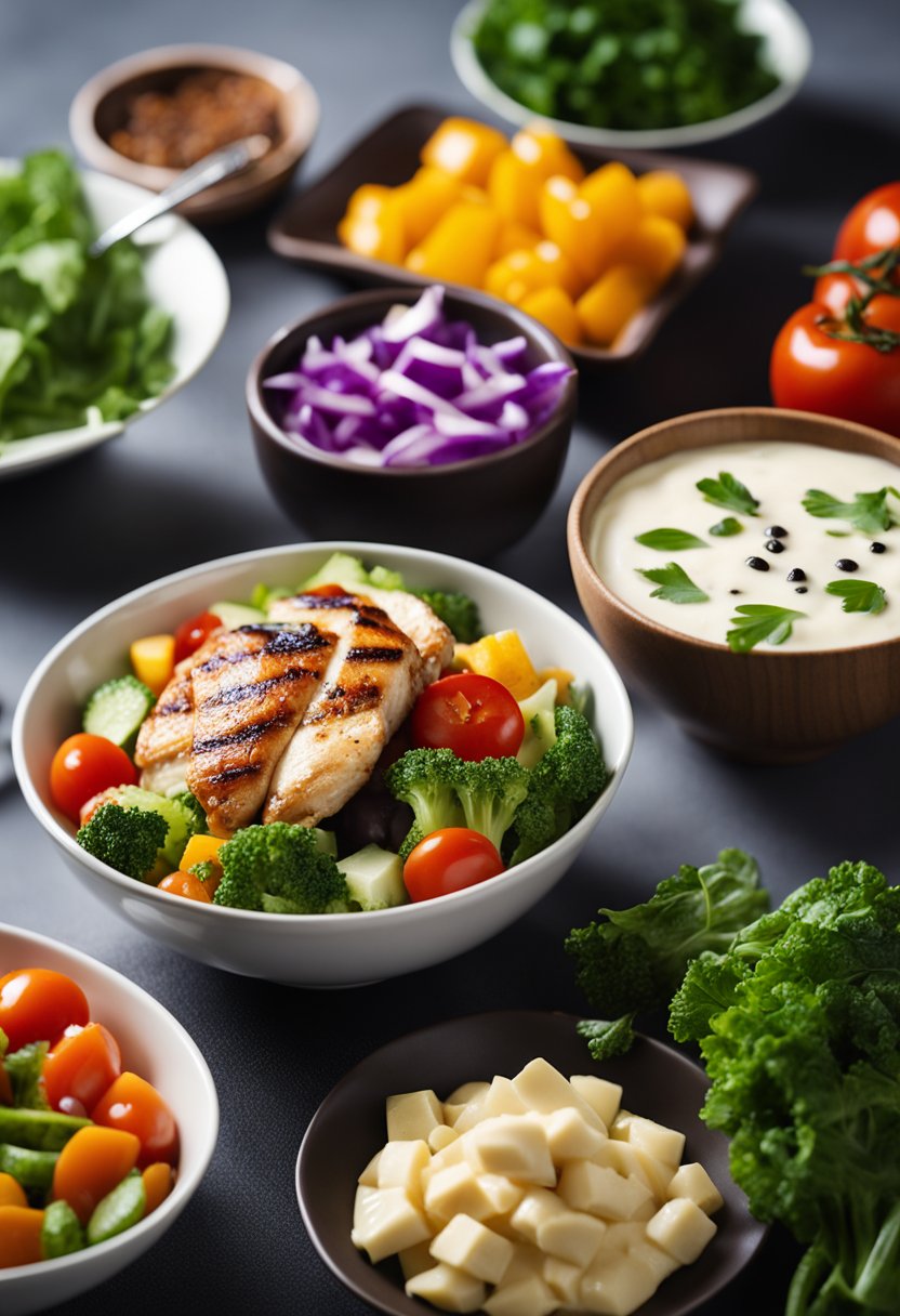 A colorful array of fresh vegetables, grilled chicken, and creamy dressing arranged in a bowl