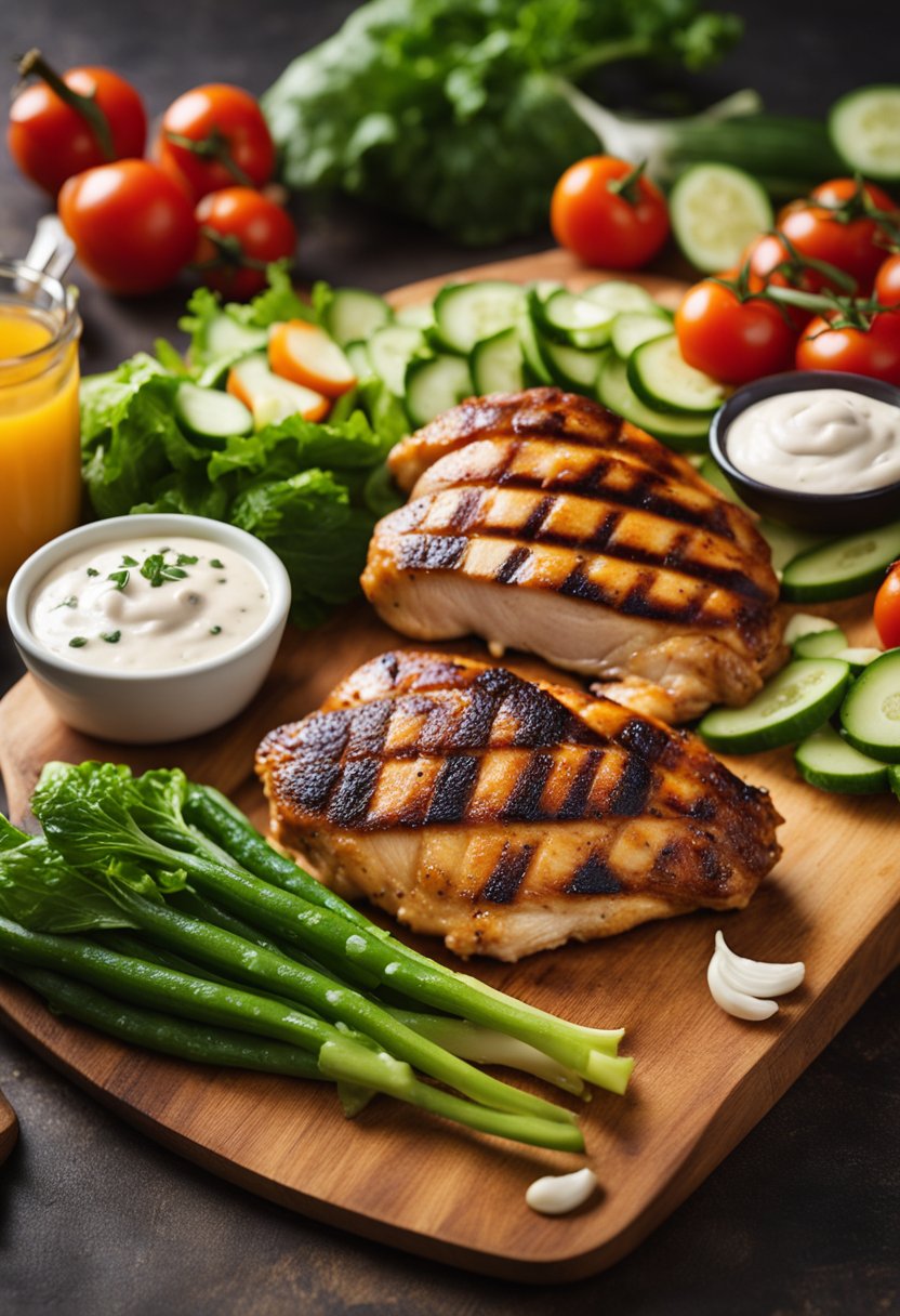 A colorful array of fresh vegetables, grilled chicken, and creamy dressing arranged on a wooden cutting board