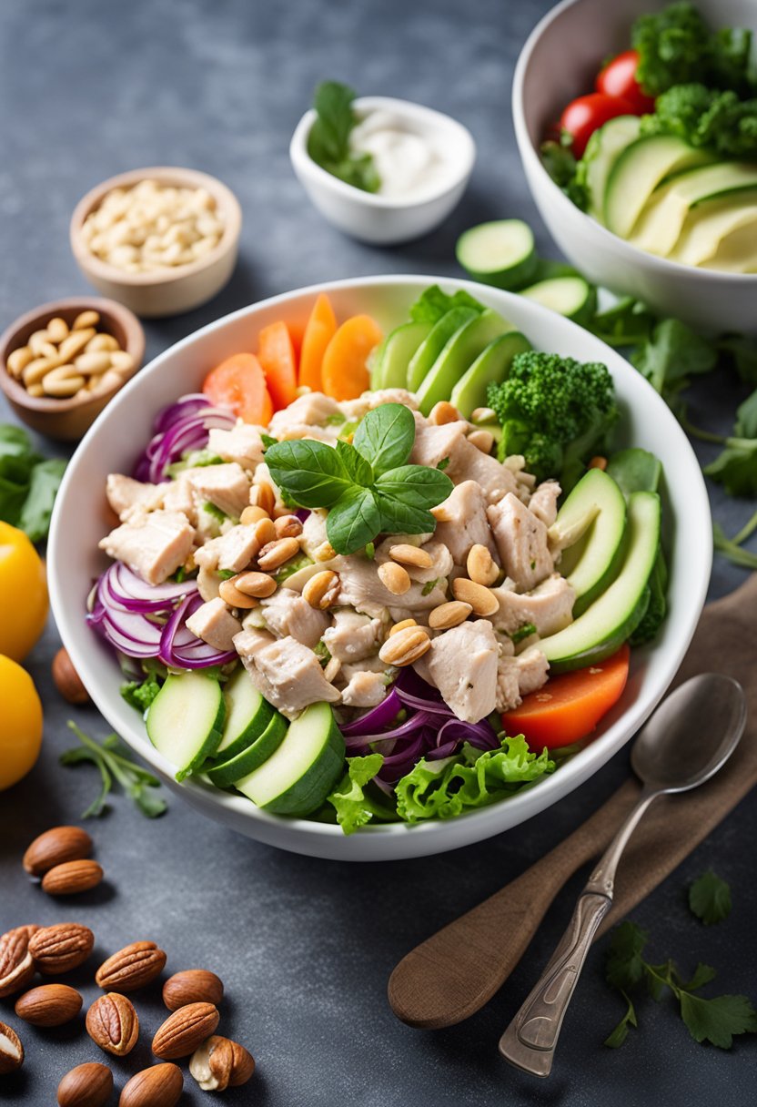 A bowl of keto chicken salad surrounded by fresh vegetables and nuts, with a nutrition label and benefits listed nearby