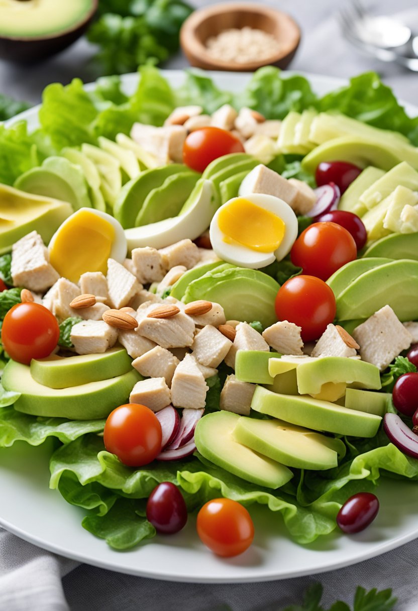 A colorful array of keto chicken salad ingredients, including lettuce, diced chicken, avocado, cherry tomatoes, and sliced almonds, arranged on a white plate