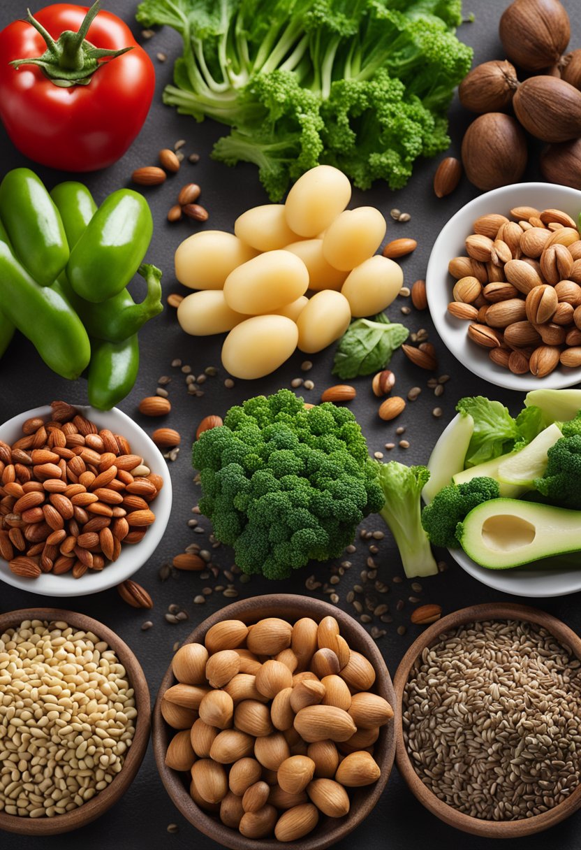 A colorful array of low-carb vegetables, healthy fats, and lean proteins, with a few nuts and seeds, arranged on a clean, minimalist table