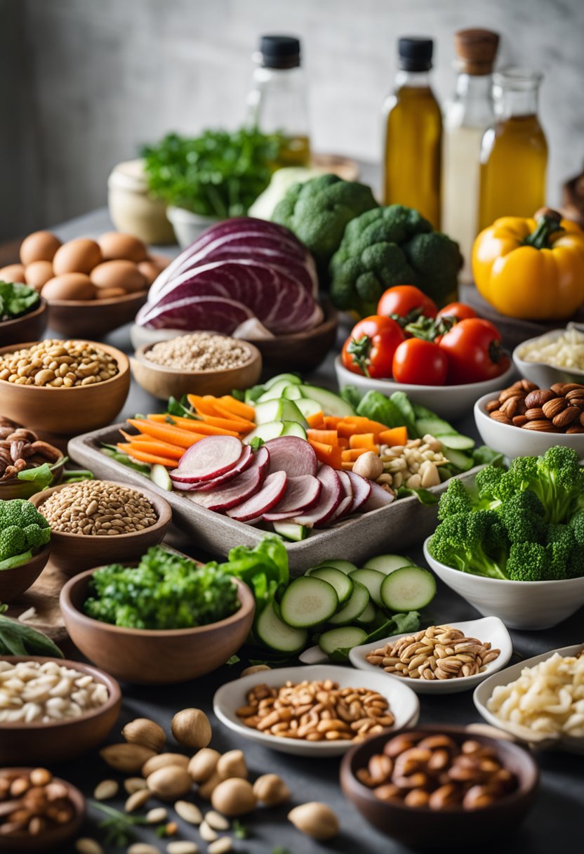 A kitchen counter with a variety of fresh vegetables, nuts, seeds, and lean meats arranged neatly in preparation for a keto diet meal