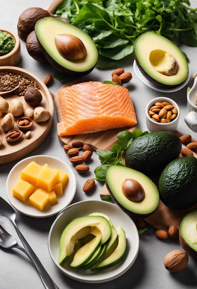 A table with a variety of keto-friendly foods, including avocados, salmon, leafy greens, and nuts, surrounded by medical charts and research papers